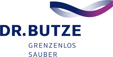 Logo von Dr. Butze mit einem geschwungenen Band in Blau und Violett sowie dem Slogan 'Grenzenlos sauber'.